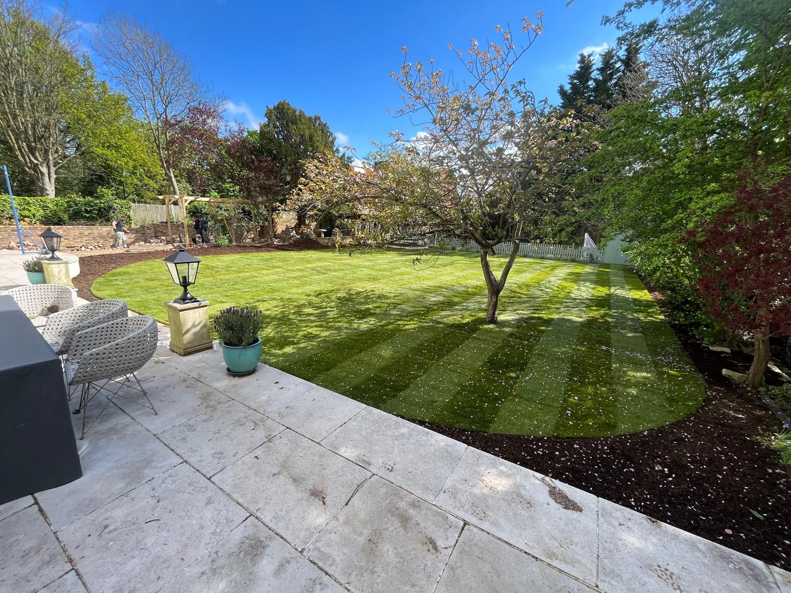 Freshly striped curved lawn beside a limestone patio with mature planting